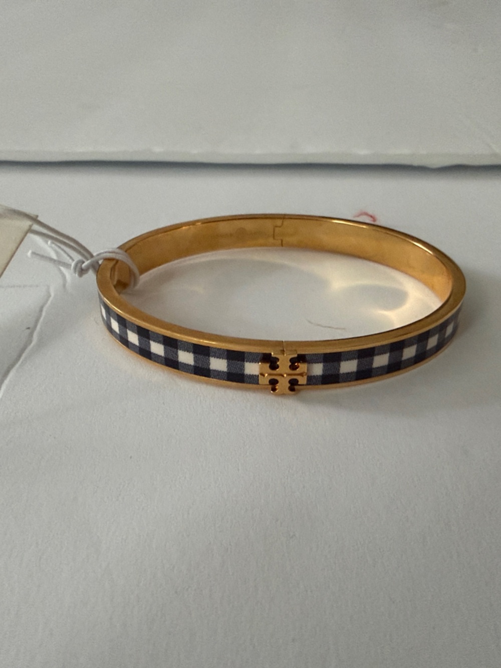 Tory Burch Navy Gingham Enamel and Gold-Tone Logo Bangle
